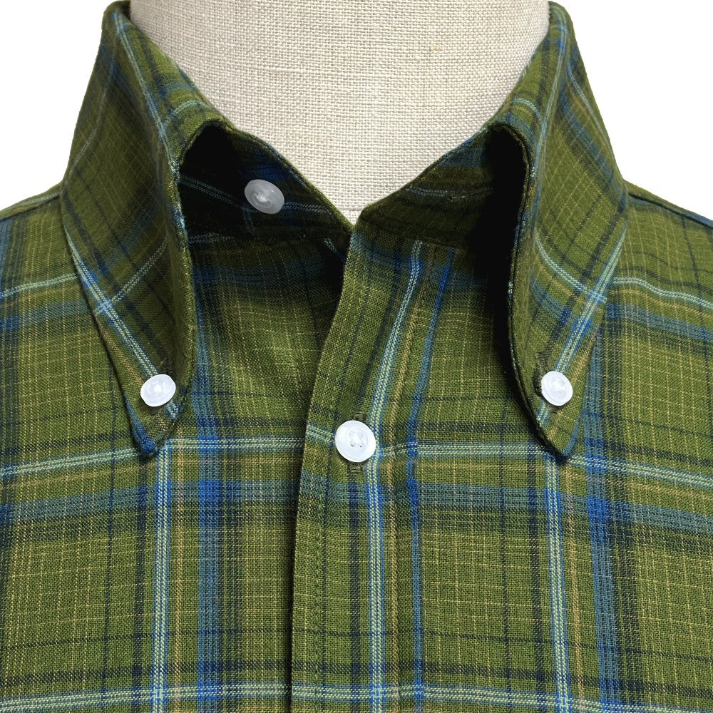 Adaptor Clothing Check Short Sleeve Button Down Shirt Olive - Image 3