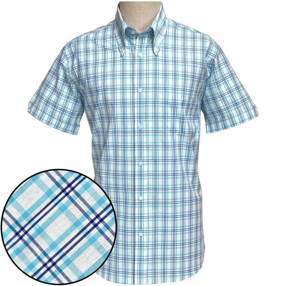 Adaptor Clothing Check Short Sleeve Button Down Shirt Turquoise