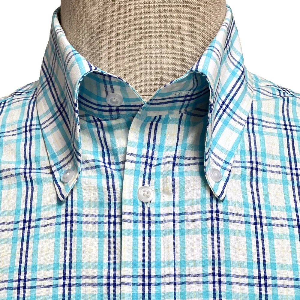 Adaptor Clothing Check Short Sleeve Button Down Shirt Turquoise - Image 3