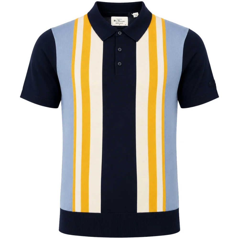 Ben Sherman Multi Stripe 3 Button Knit Polo Shirt Navy