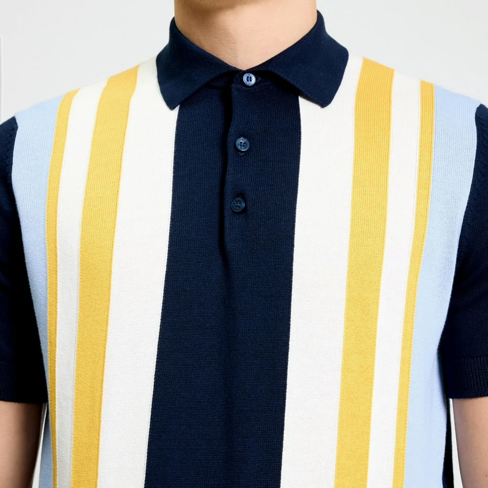 Ben Sherman Multi Stripe 3 Button Knit Polo Shirt Navy - Image 2
