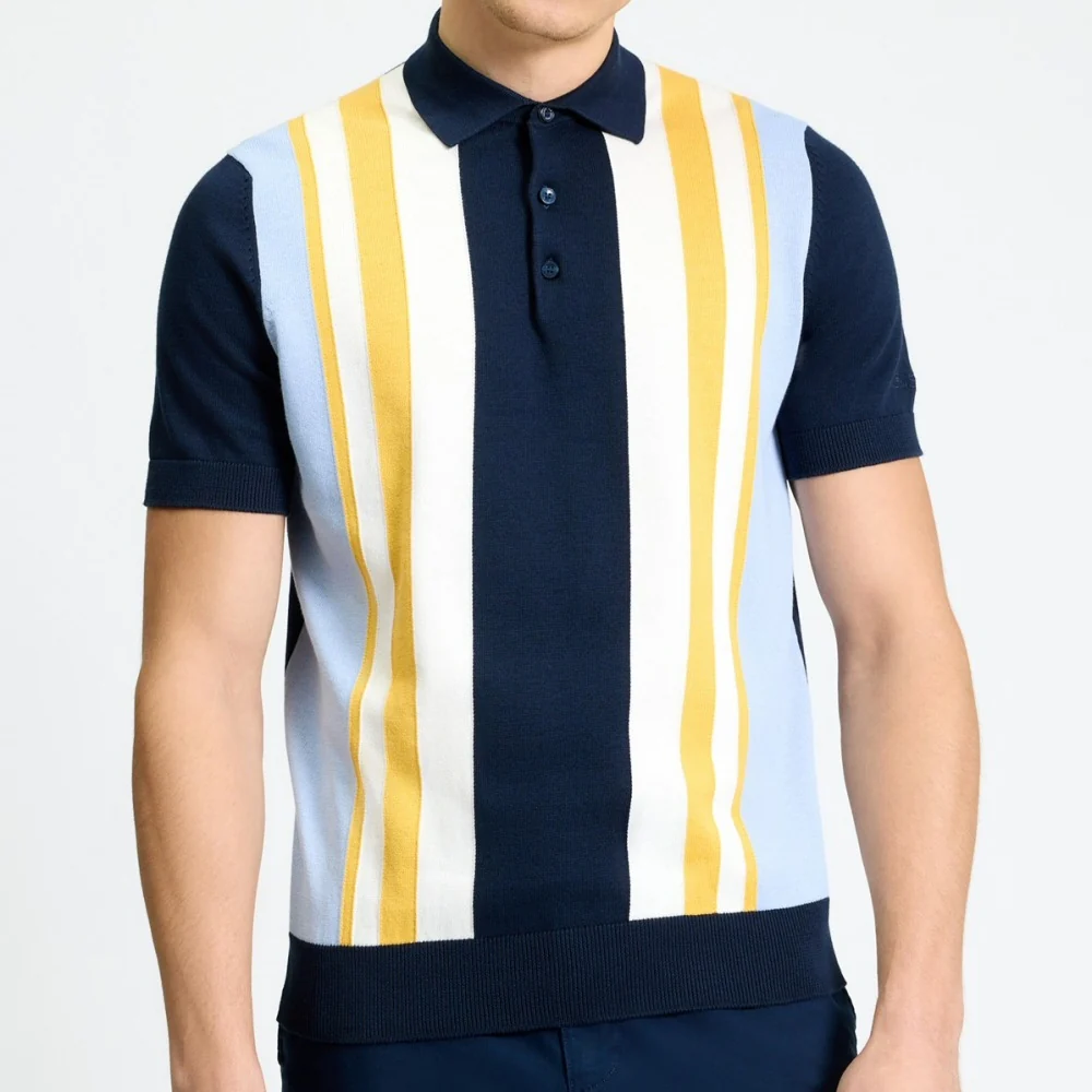 Ben Sherman Multi Stripe 3 Button Knit Polo Shirt Navy - Image 3