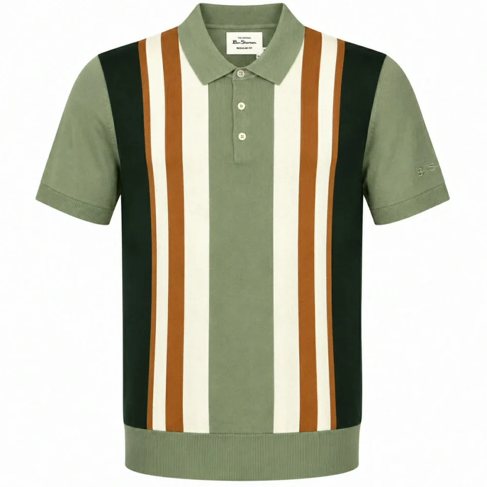 Ben Sherman Multi Stripe 3 Button Knit Polo Shirt Sage