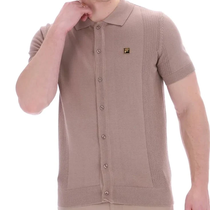 Fila Gold Collection Pointelle Knit Panel Polo Cardi Taupe - Image 3