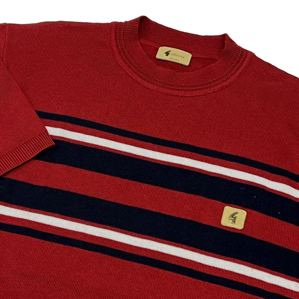 Gabicci Vintage Mod Chest Stripe Fine Gauge Crew Neck Burgundy - Image 2