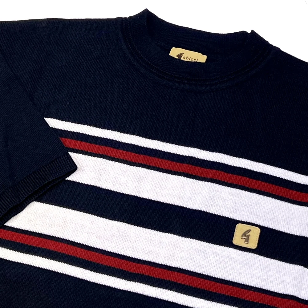 Gabicci Vintage Mod Chest Stripe Fine Gauge Crew Neck Navy - Image 2