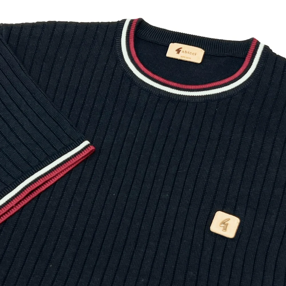 Gabicci Vintage Santino Ribbed Tipped Crew Neck Navy - Image 2