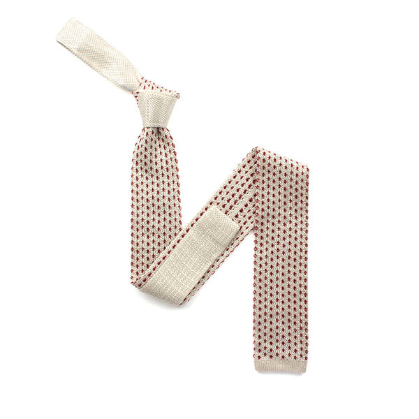Knightsbridge Retro Mod 60's Slim Polka Dot Spots Knitted Silk Square End Tie Cream / Red
