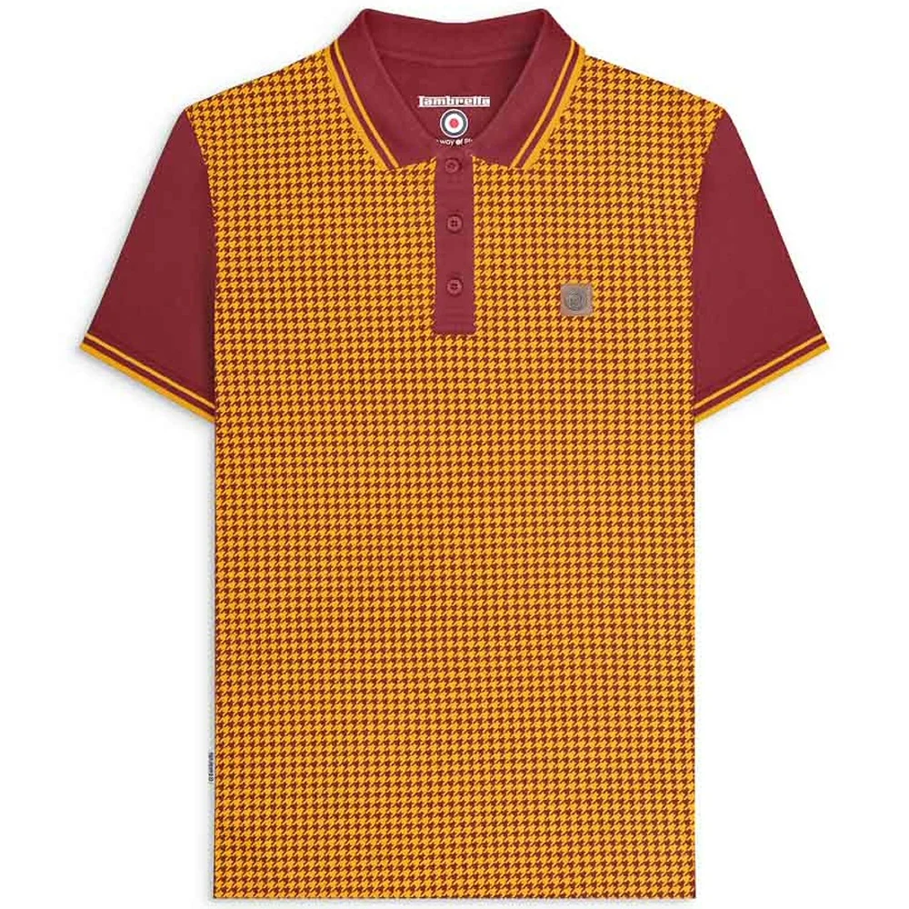 Lambretta 3 Button Twin-Tipped Dogtooth Print Polo Shirt Burgundy / Gold