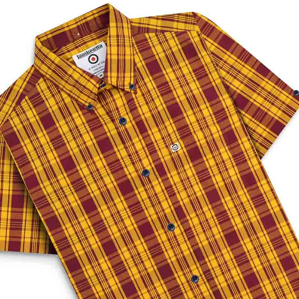 Lambretta Check Button Down Shirt Burgundy Gold - Image 3