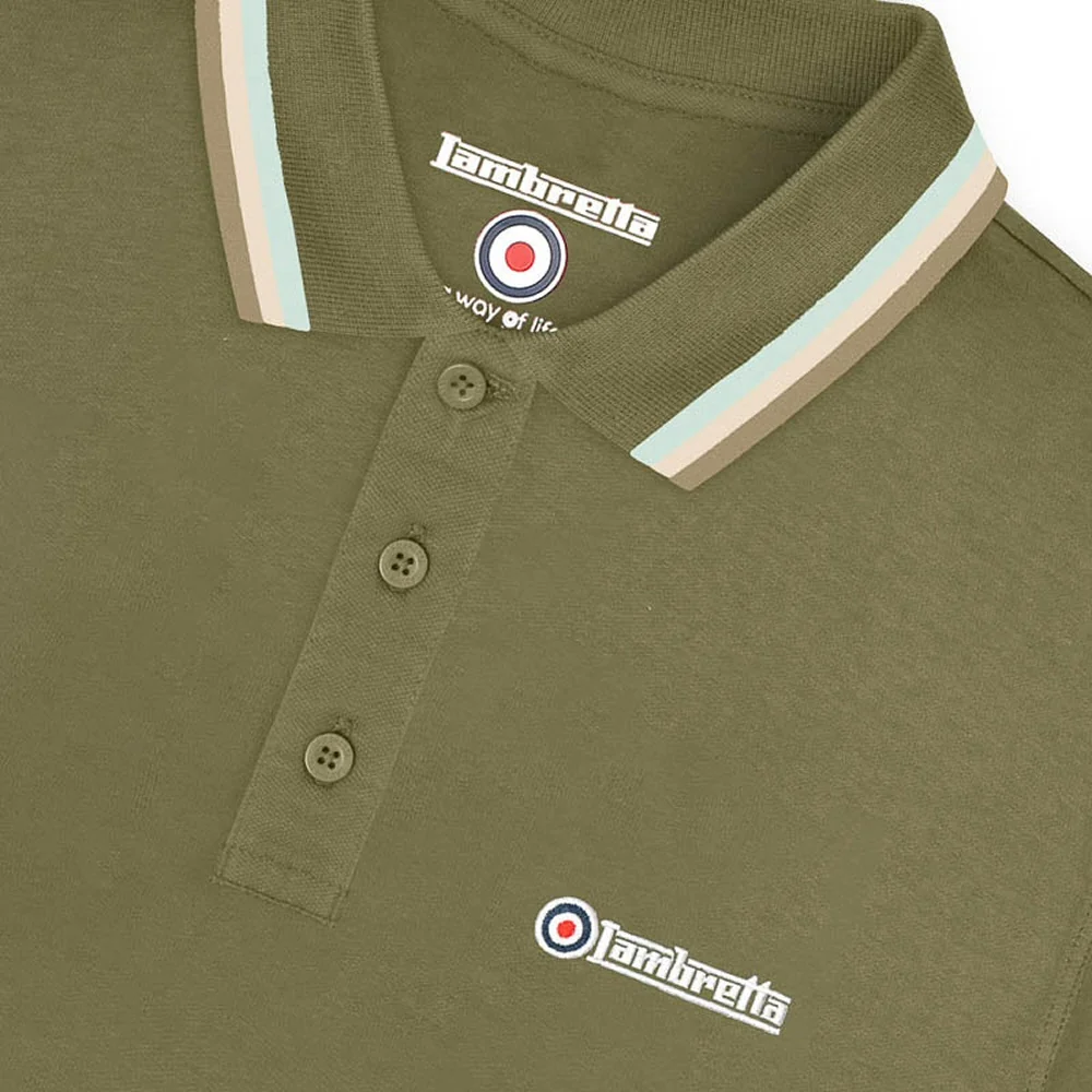Lambretta Target Logo 3 Button Triple Tipped Pique Polo Shirt Khaki - Image 3
