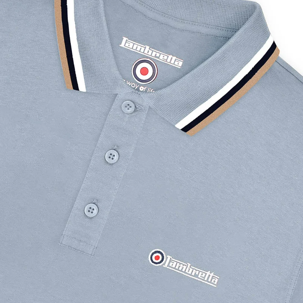 Lambretta Target Logo 3 Button Triple Tipped Pique Polo Shirt Sky Blue - Image 3