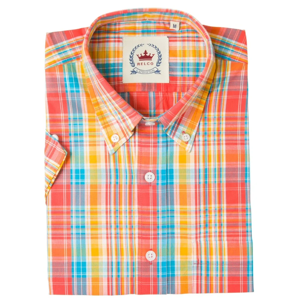 Relco Button Down Check Short Sleeve Shirt Orange Blue - Image 2