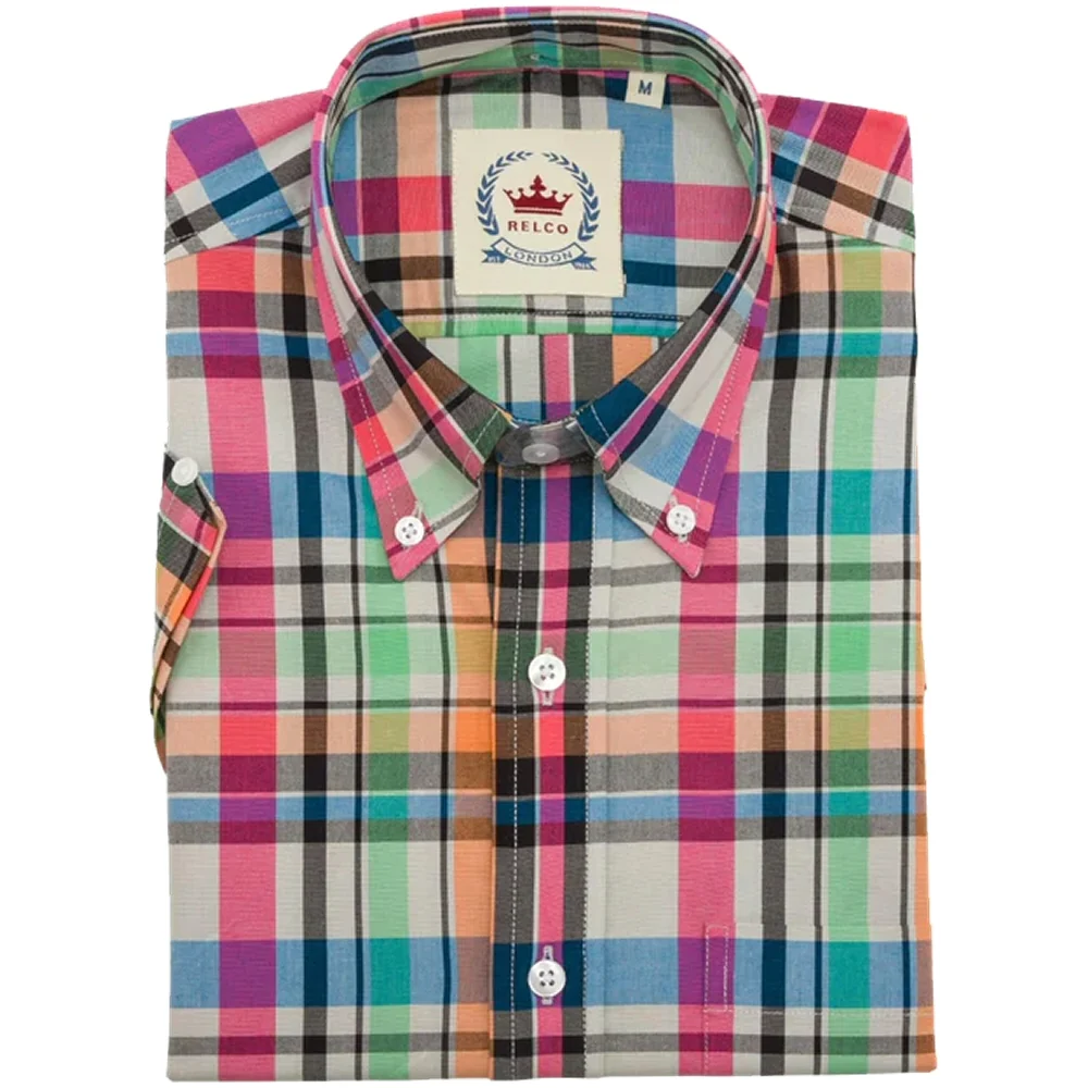 Relco Button Down Check Short Sleeve Shirt Pink and Green - Image 2