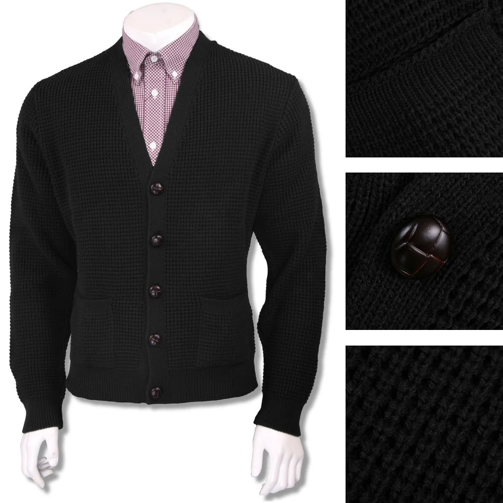 Skinhead Mod Pocket Waffle Knit Cardigan "leather" Football Buttons - Image 4