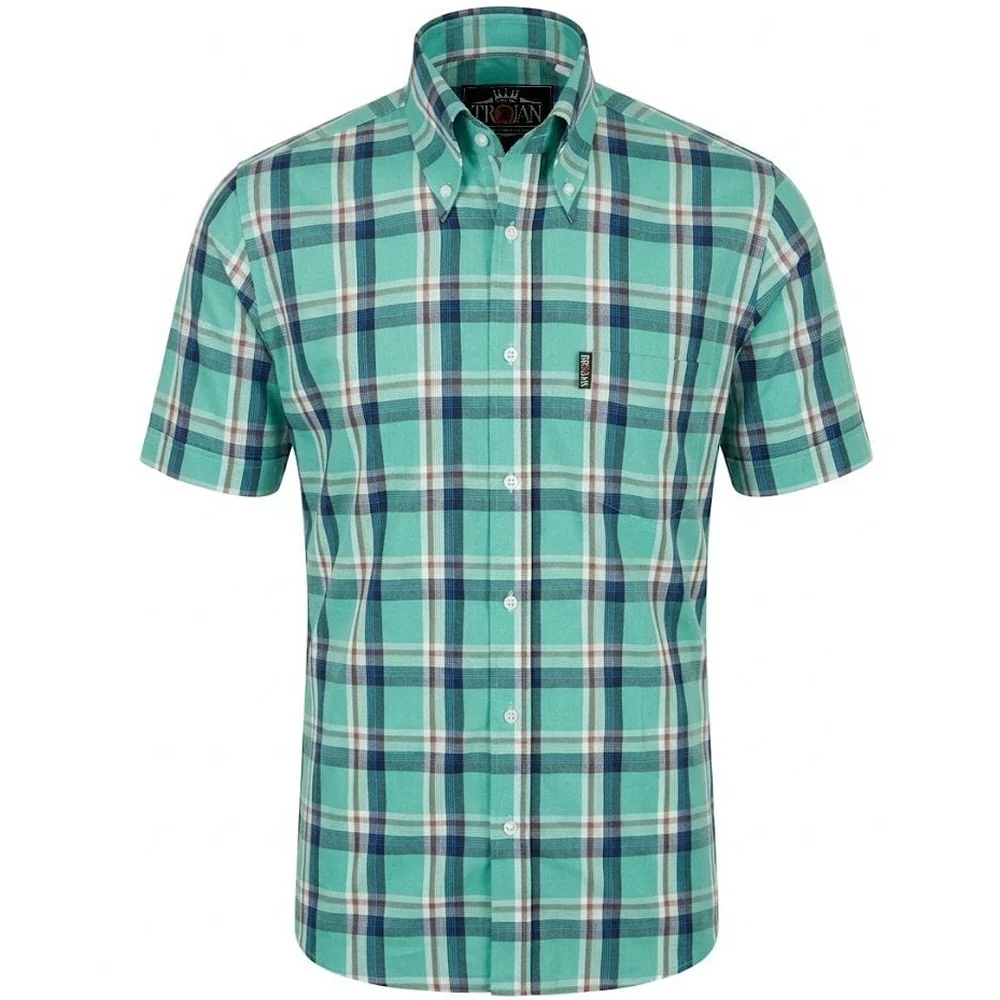 Trojan Records Classic Plaid Check Shirt With Pocket Square Turquoise