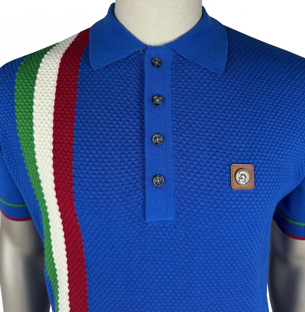 Trojan Records Fine Gauge Knit Racing Stripe Polo Cobalt - Image 2