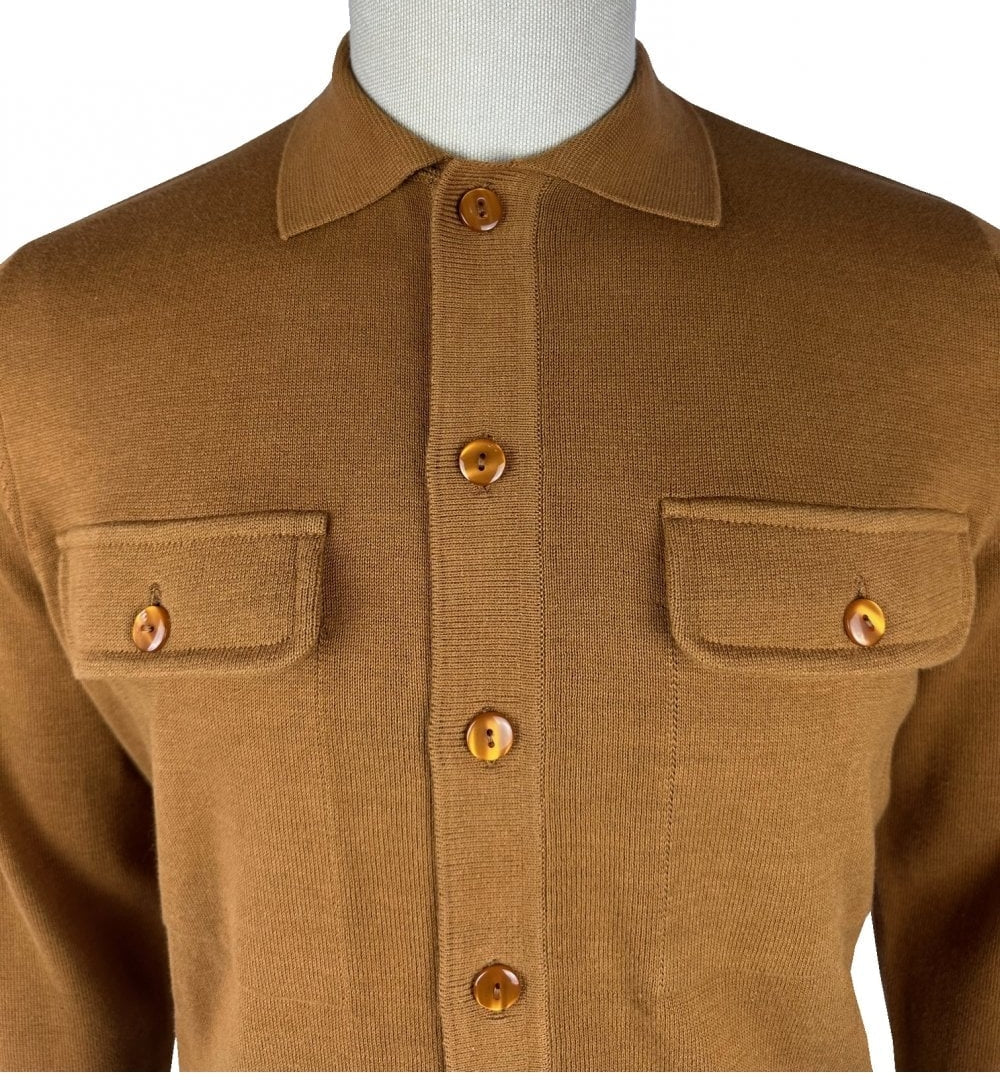 Trojan Records Heavyweight Knit Breast Pocket Cardigan Tan - Image 2