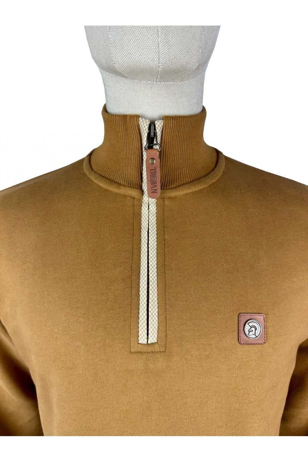 Trojan Records Jacquard Trim 1/4 Zip Sweatshirt Tan - Image 2