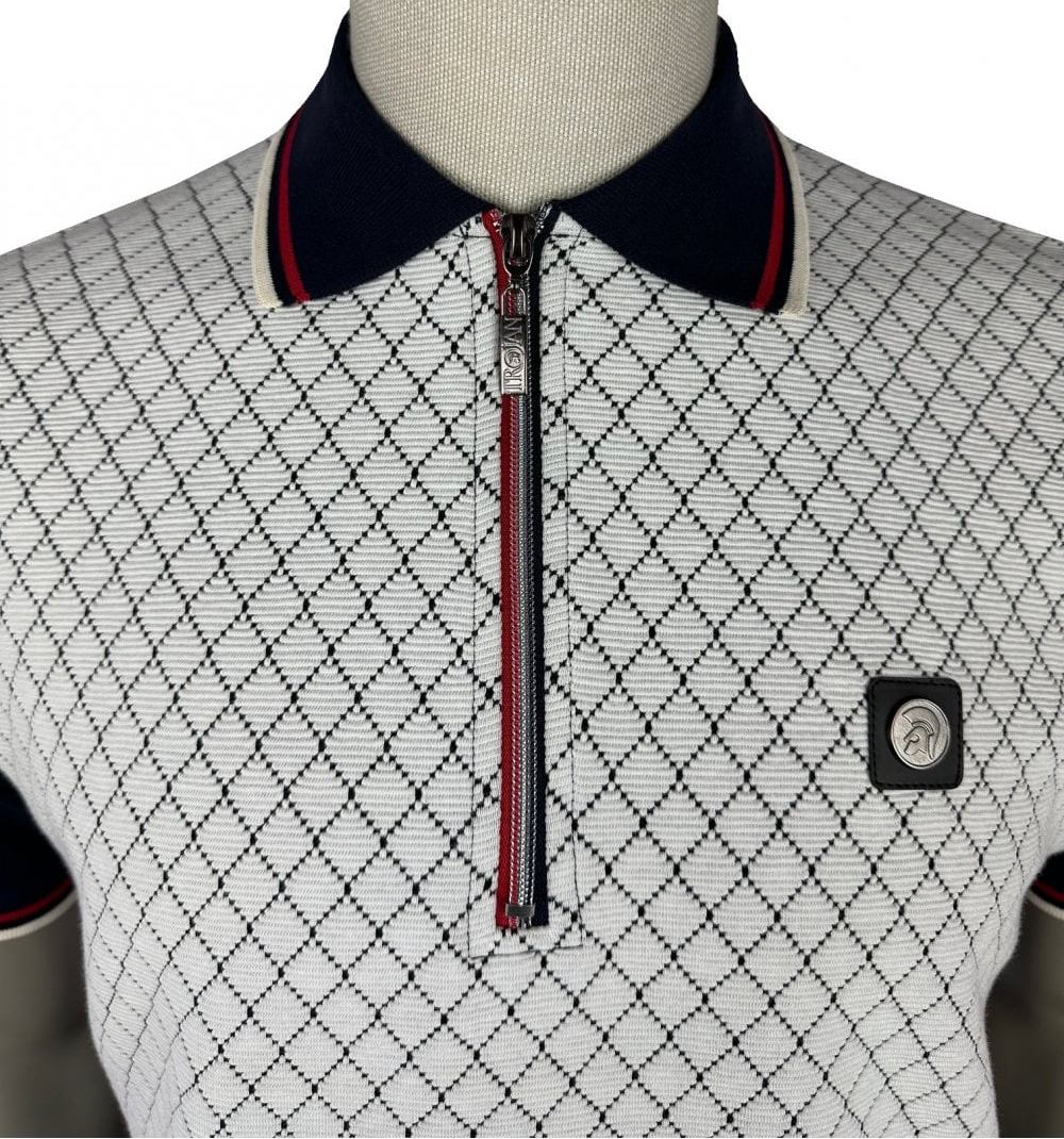 Trojan Records Ottoman Rib Jacquard Zip Polo Shirt Navy - Image 2